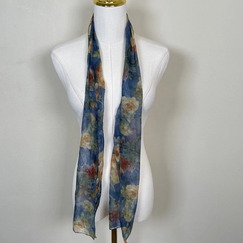 Vintage Floral Sheer Chiffon Scarf Blue‎ Multi Botanical Rose  Whimsigoth Y2K